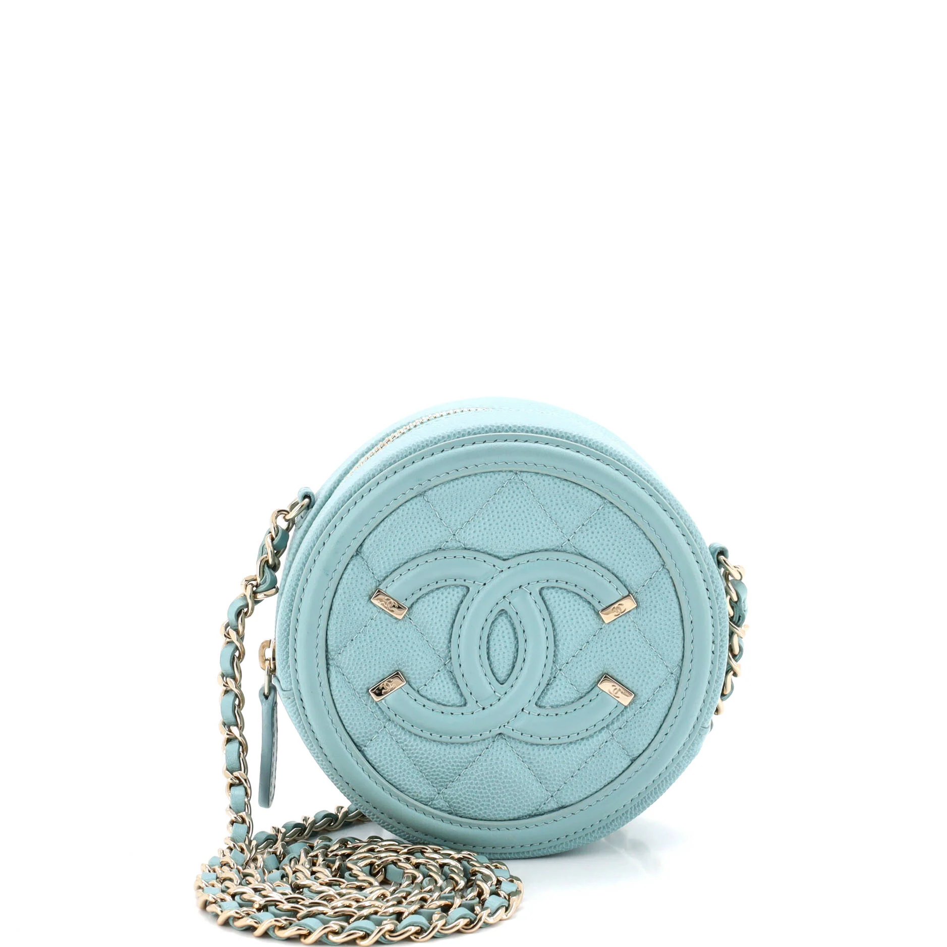Filigree Round Clutch with Chain Quilted Caviar Mini