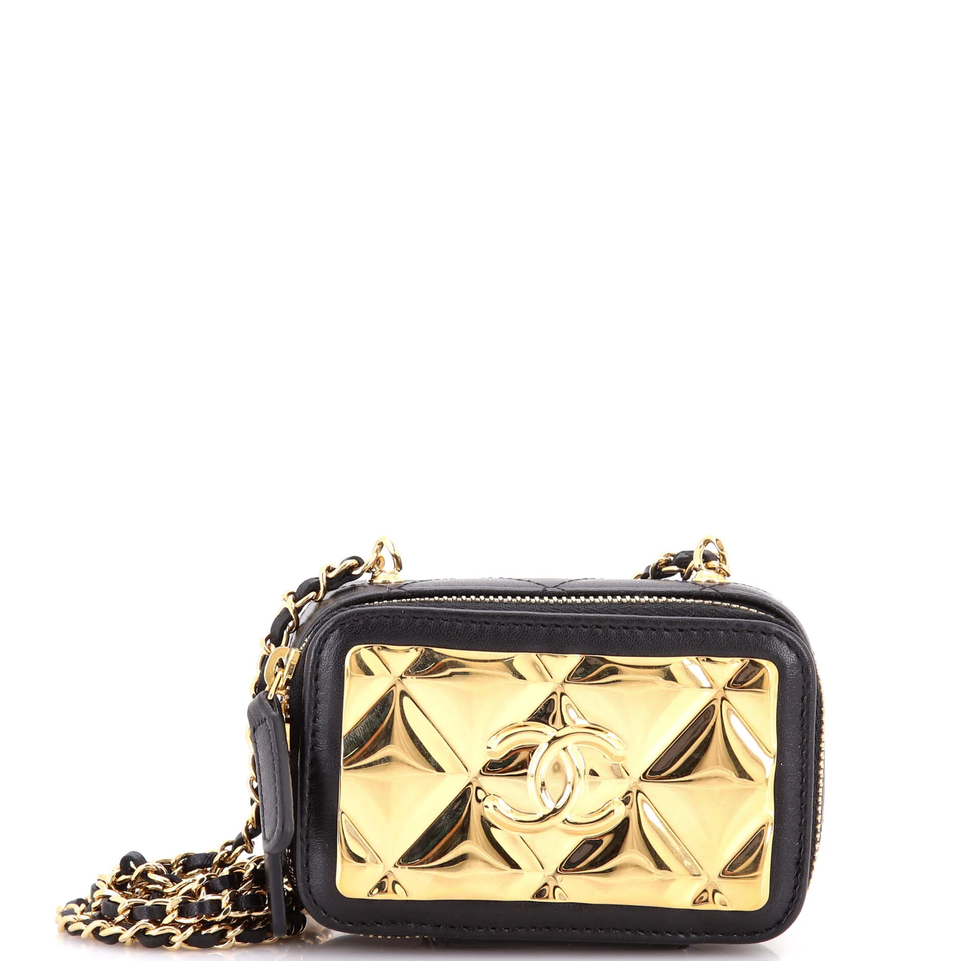 Golden Plate Zip Around Vanity Case with Chain Quilted Metal and Lambskin Extra Mini