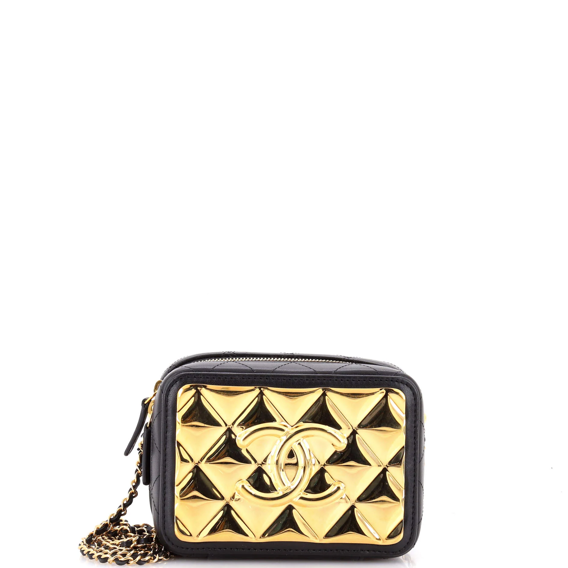 Golden Plate Zip Around Vanity Case with Chain Quilted Metal and Lambskin Mini