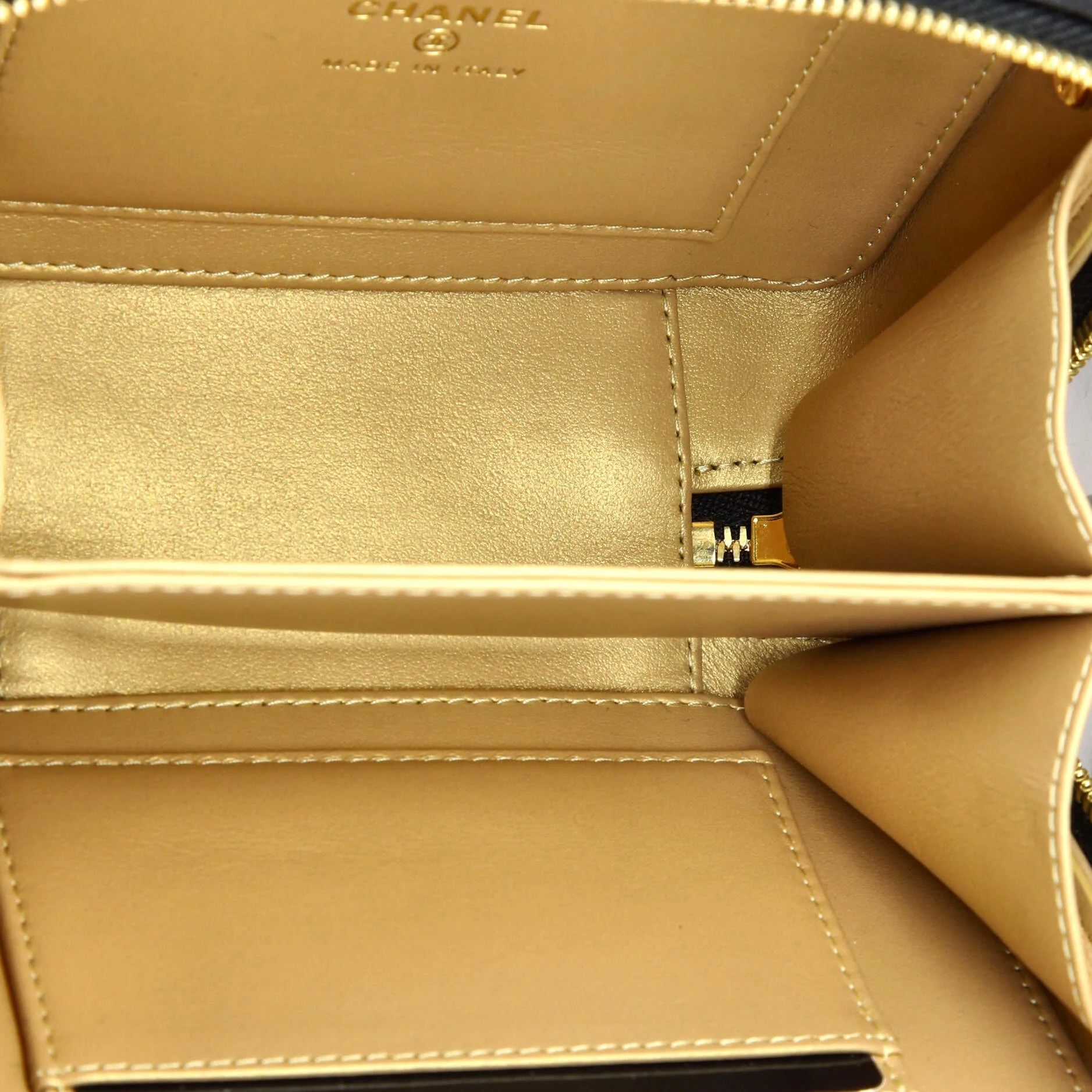 Golden Plate Zip Around Vanity Case with Chain Quilted Metal and Lambskin Mini - Image 5
