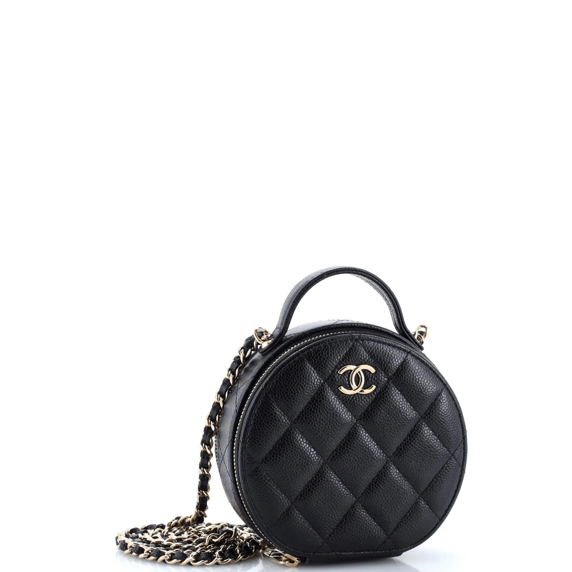 Handle with Care Round Vanity Case with Chain Quilted Caviar Small - Image 2