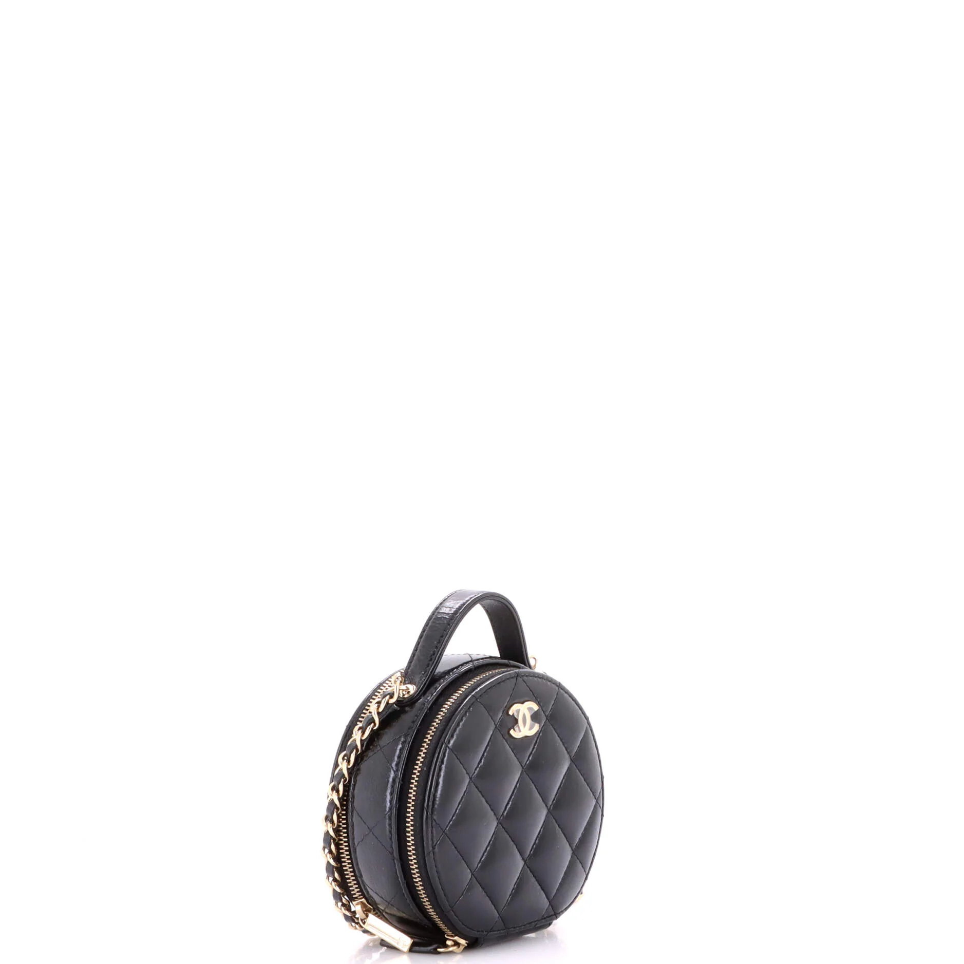 Handle with Care Round Vanity Case with Chain Quilted Lambskin Small - Image 2