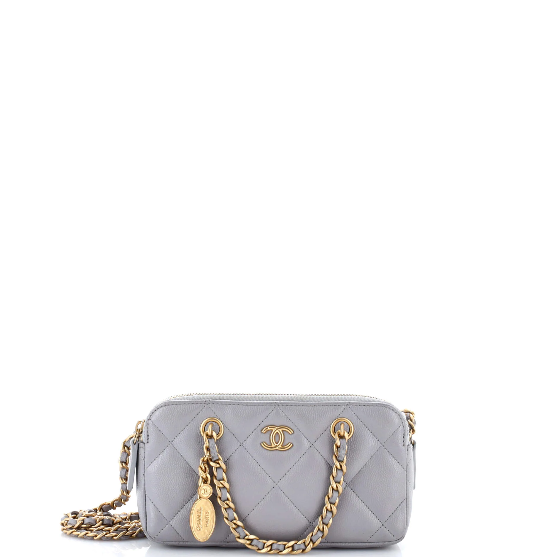 Medallion Charm Double Zip Clutch with Chain Quilted Caviar