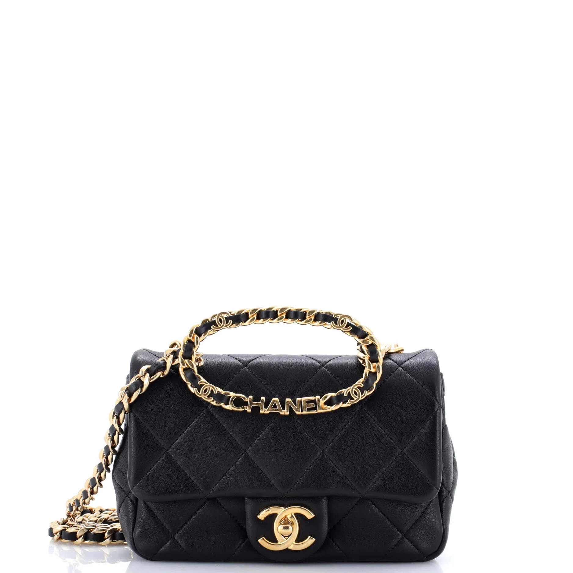 Oval Logo Chain Handle Flap Bag Quilted Lambskin Small