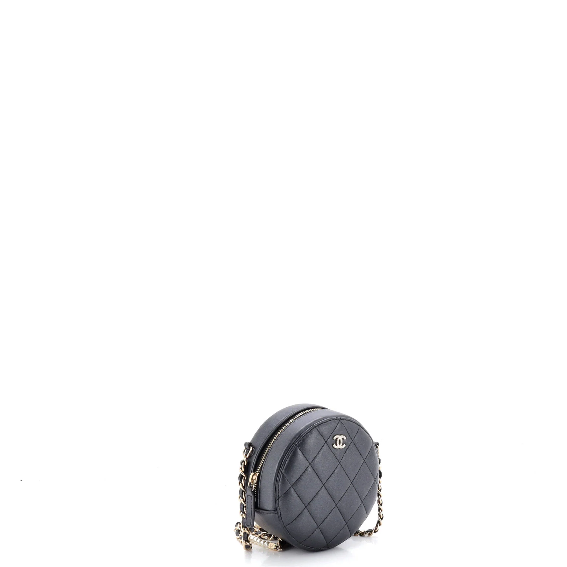 Pearl Strap Round Clutch with Chain Quilted Iridescent Lambskin - Image 3
