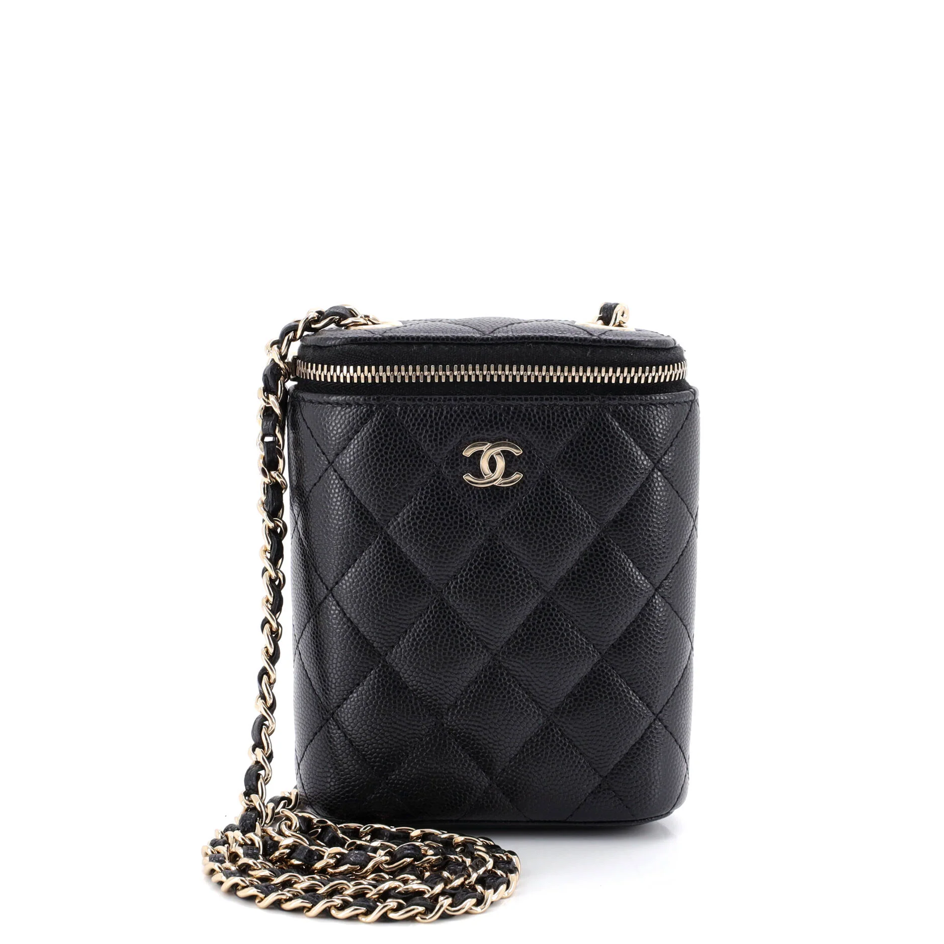 Vertical Classic Vanity Case with Chain Quilted Caviar Small
