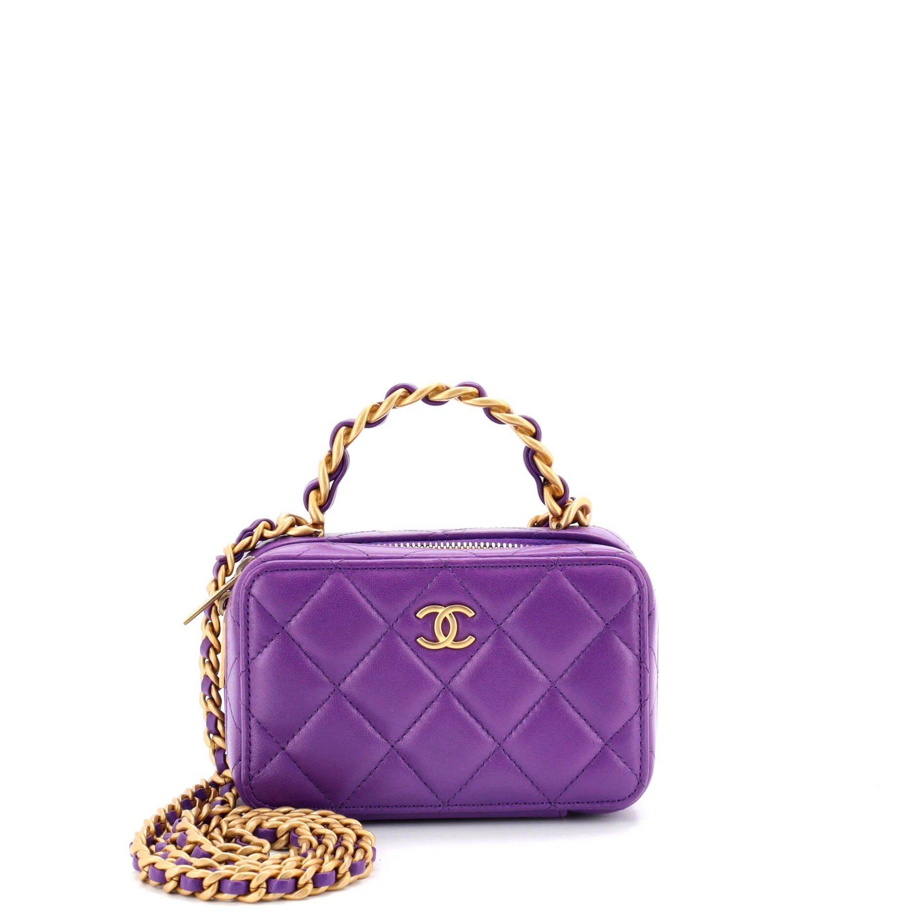 Woven Chain Top Handle Vanity Case Quilted Lambskin Mini