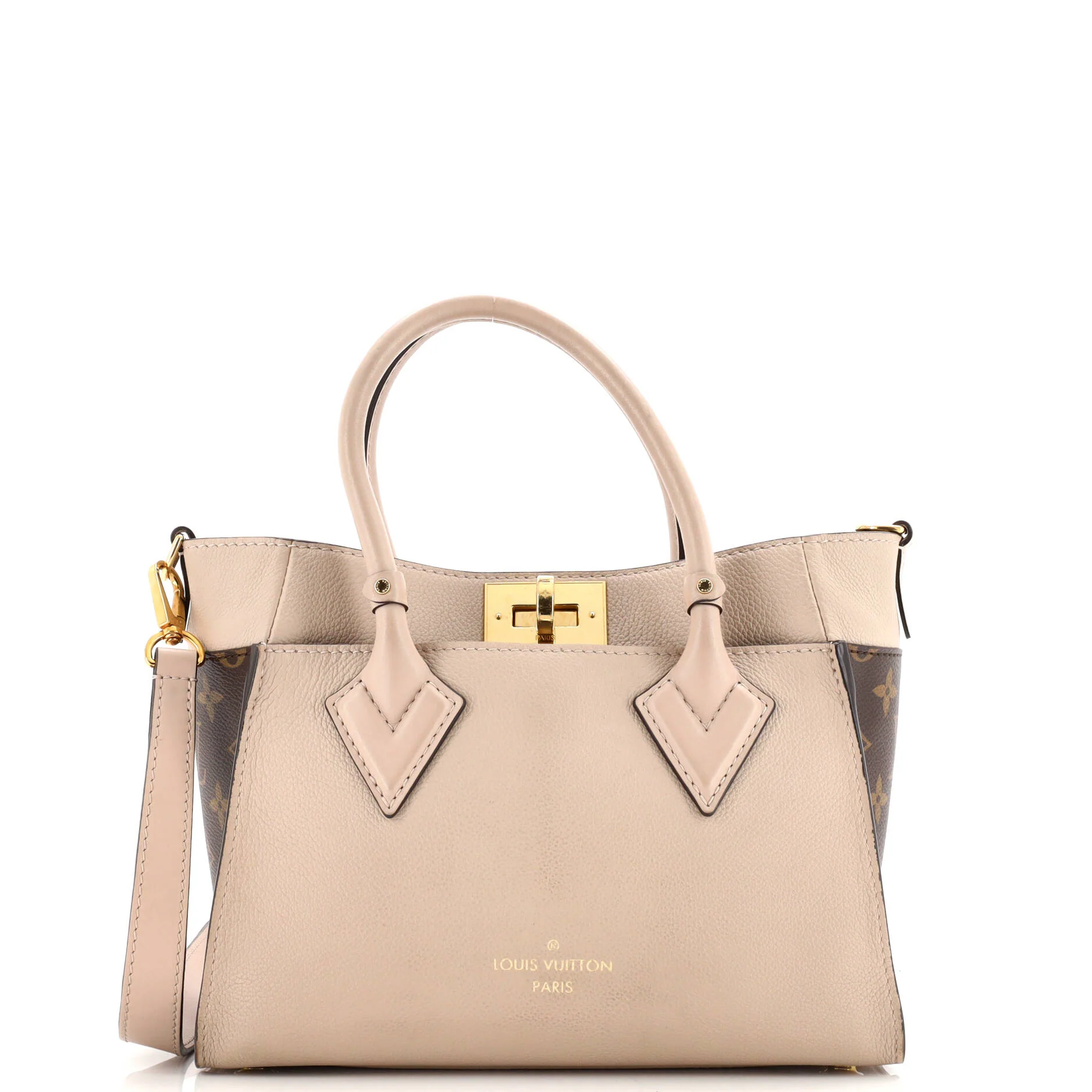 On My Side Tote Leather with Monogram Canvas PM