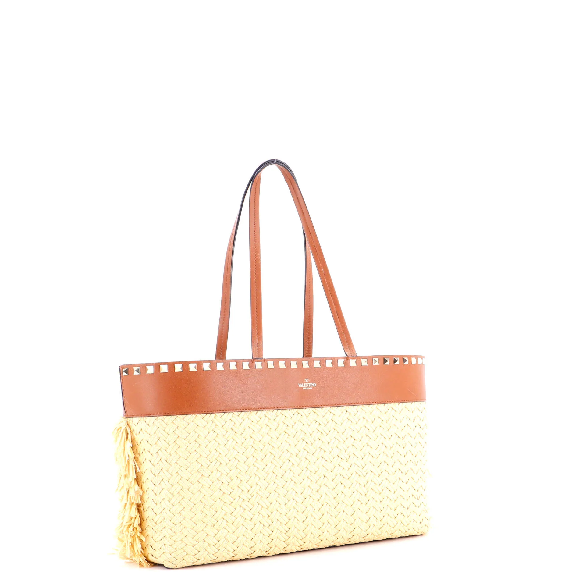 Rockstud Shopping Tote Raffia with Leather Large - Image 2