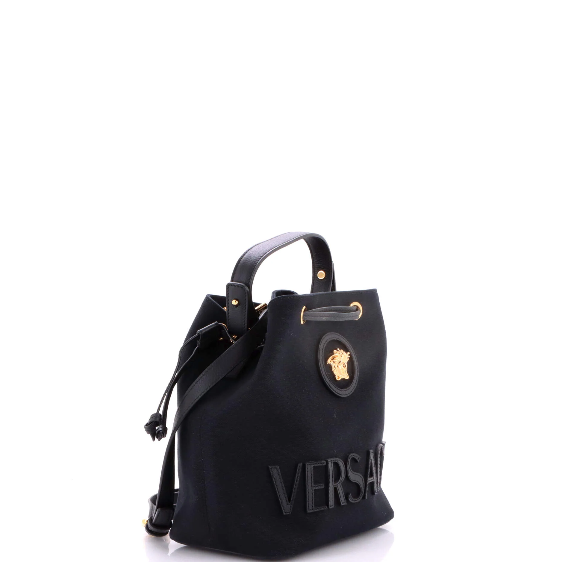 La Medusa Drawstring Bucket Bag Canvas with Leather Small - Image 2