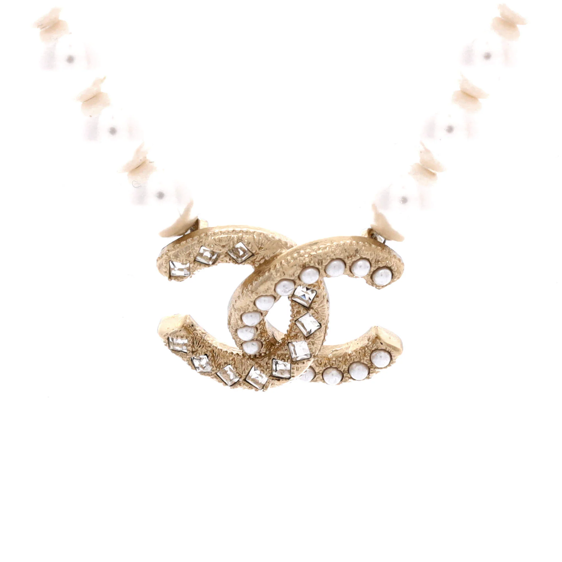 CC Pearl and Chain Pendant Necklace Metal with Crystals and Faux Pearls