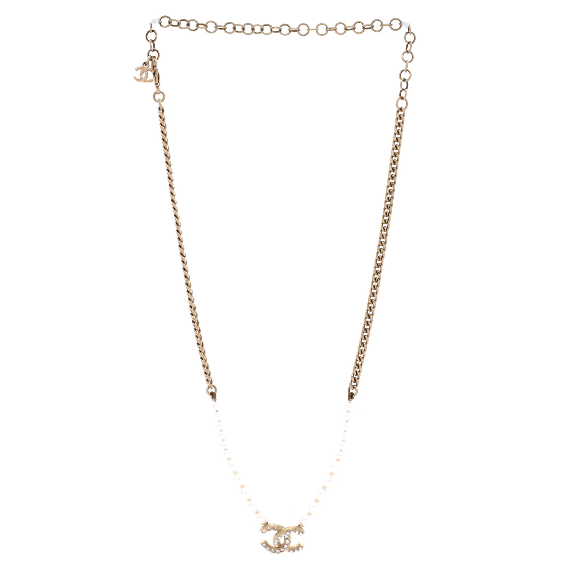 CC Pearl and Chain Pendant Necklace Metal with Crystals and Faux Pearls - Image 2