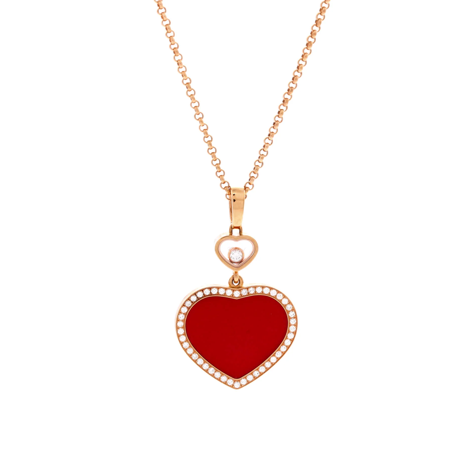 Happy Hearts Pendant Necklace 18K Rose Gold with Red Stone and Diamonds with 1 Floating Diamond