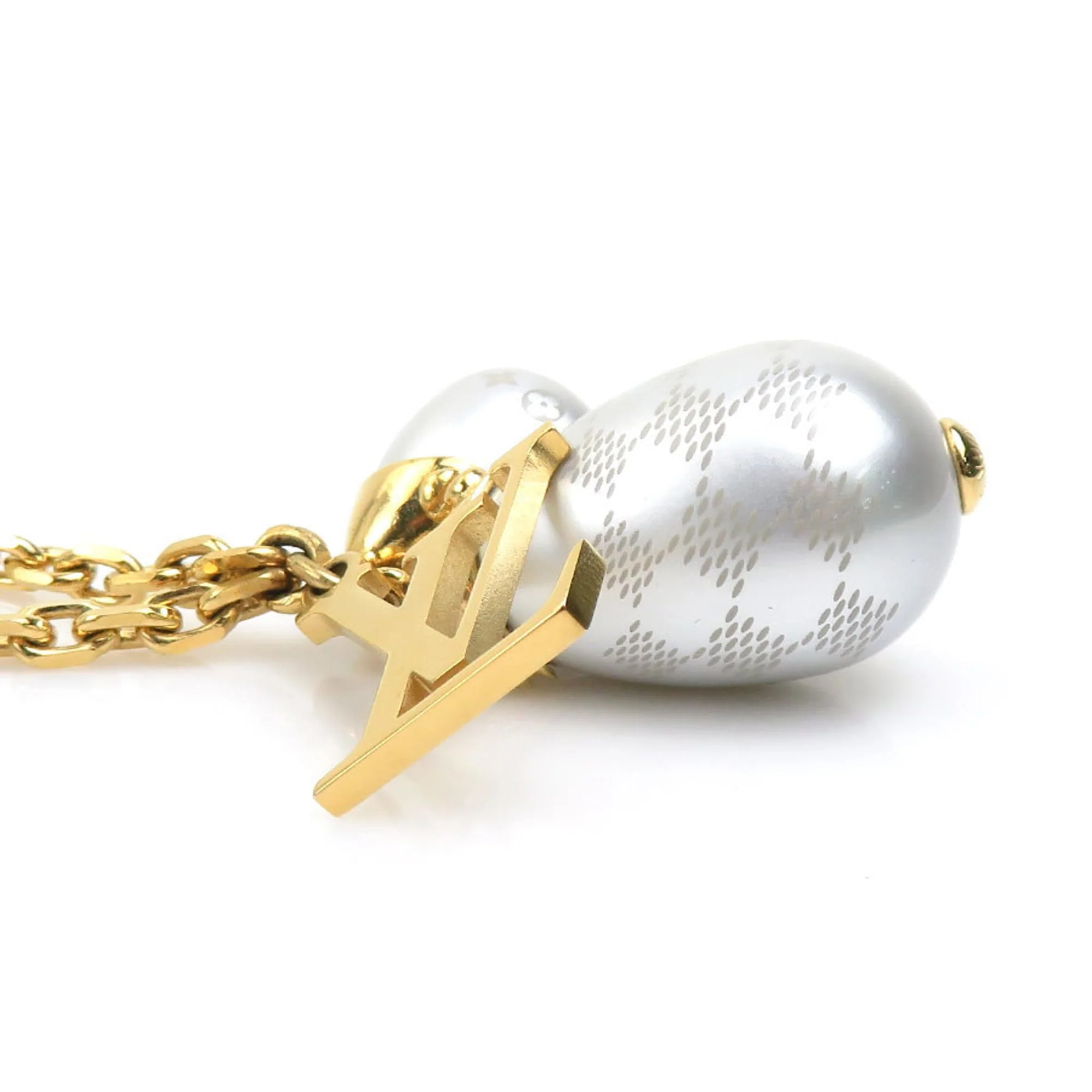 Pendant Necklace Metal Gold and White Damier Pearl - Image 2