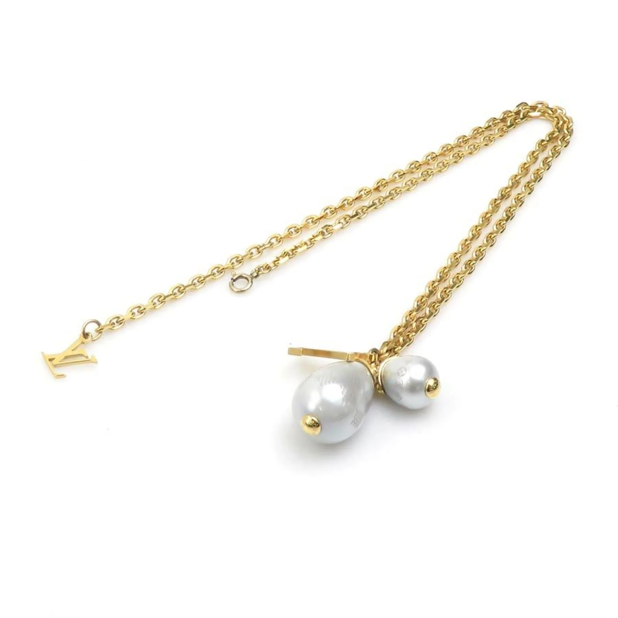 Pendant Necklace Metal Gold and White Damier Pearl - Image 8