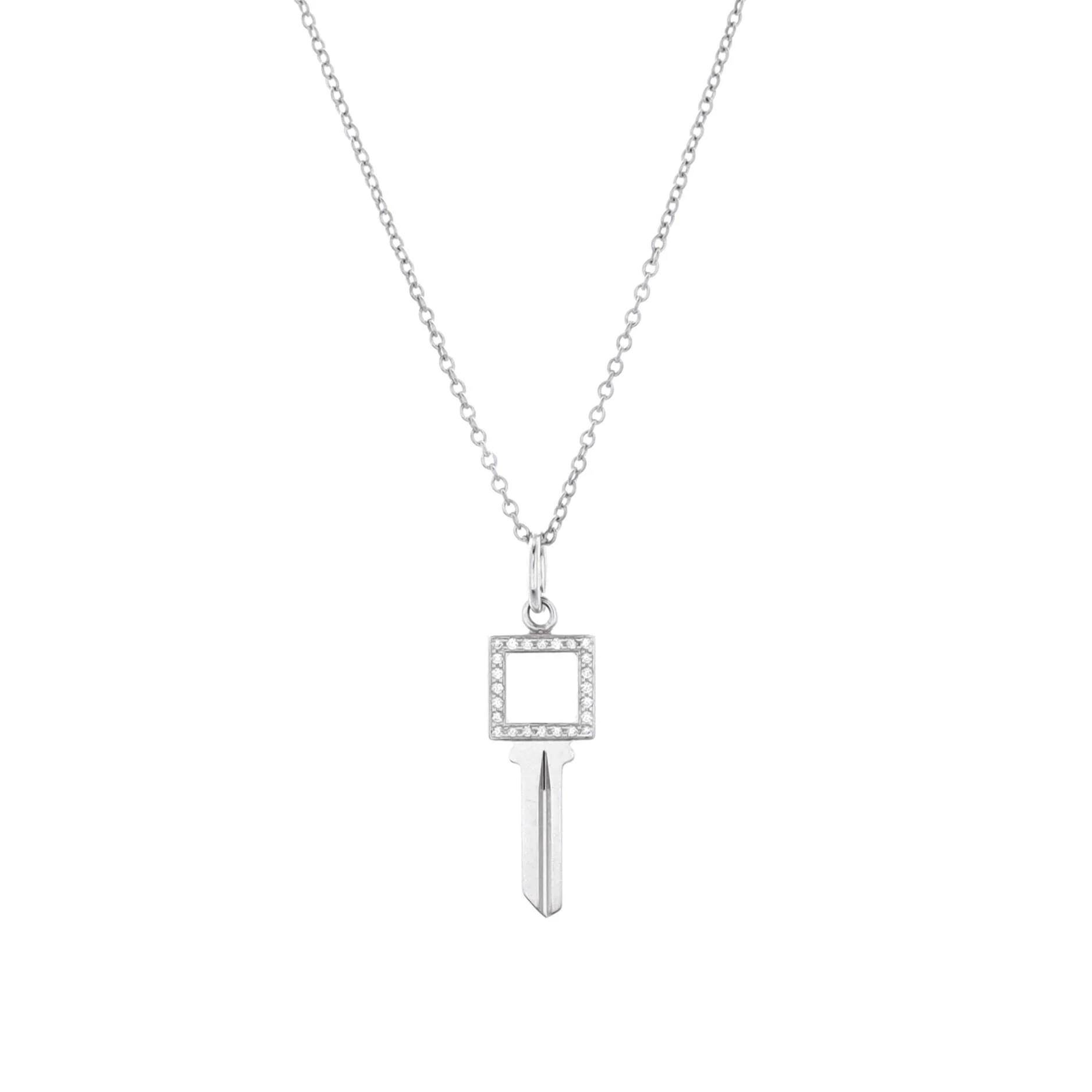 Modern Open Square Key Pendant Necklace 18K White Gold with Diamonds