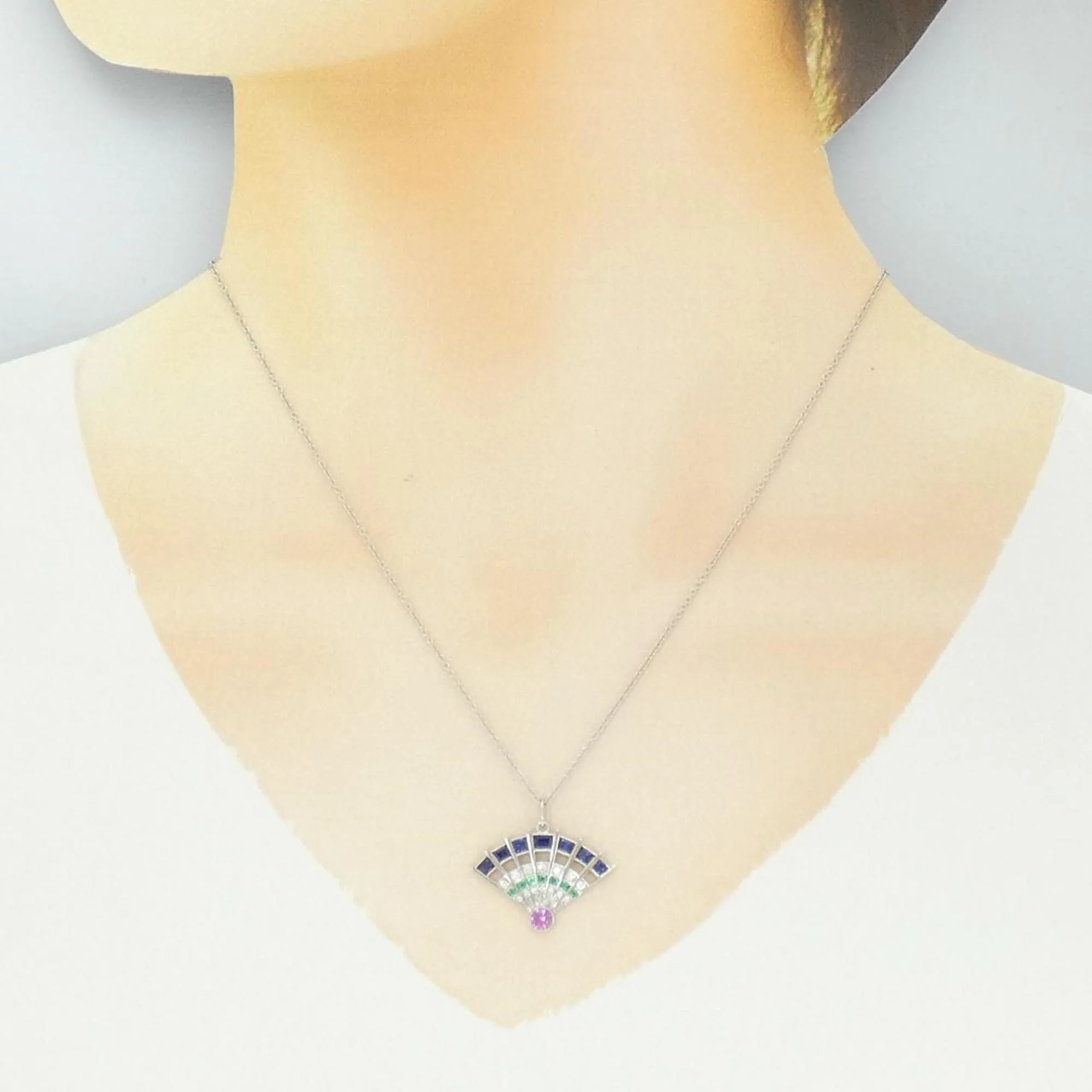 Pendant Necklace Platinum with Color Stone and Diamond and Emerald and Sapphire - Image 6