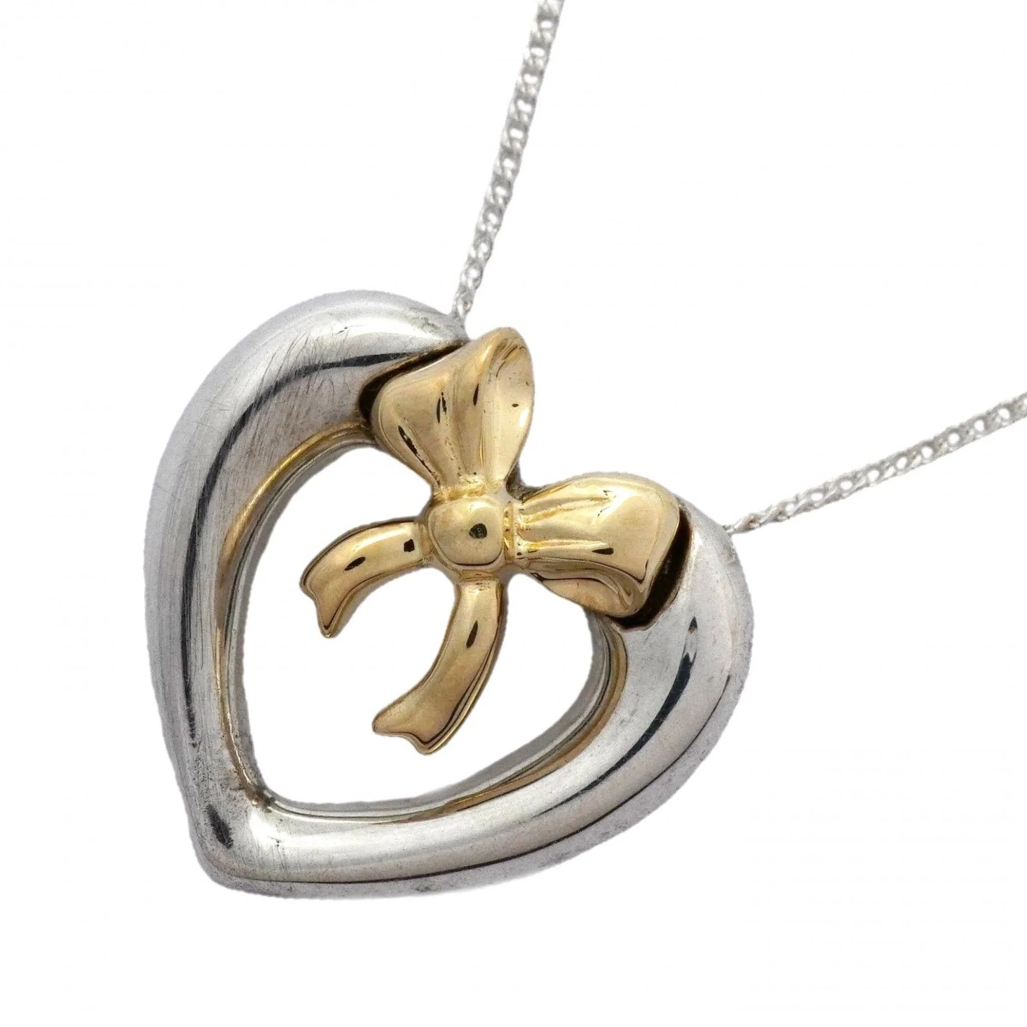 Ribbon Heart Pendant Necklace Sterling Silver and 18K Yellow Gold
