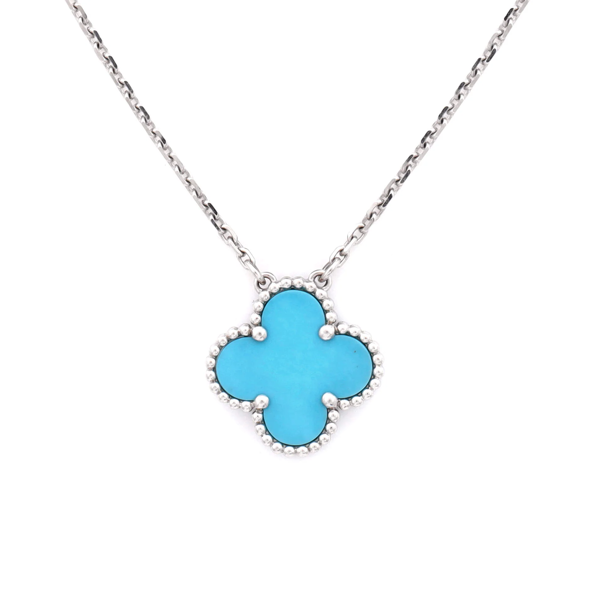 Vintage Alhambra Pendant Necklace 18K White Gold and Turquoise - Image 3