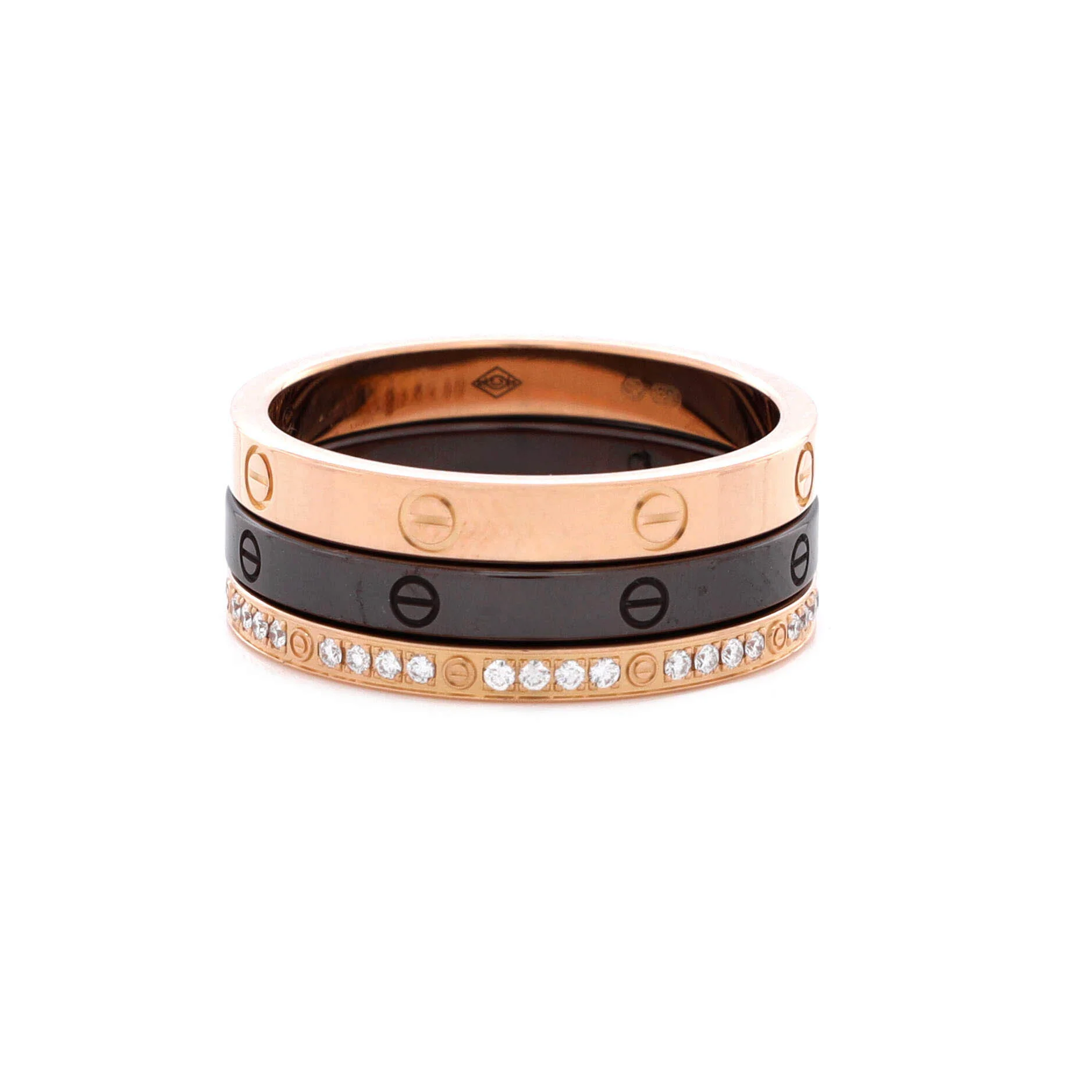 Love Band 3 Ring Set 18K Rose Gold, Diamonds and Ceramic - Image 3