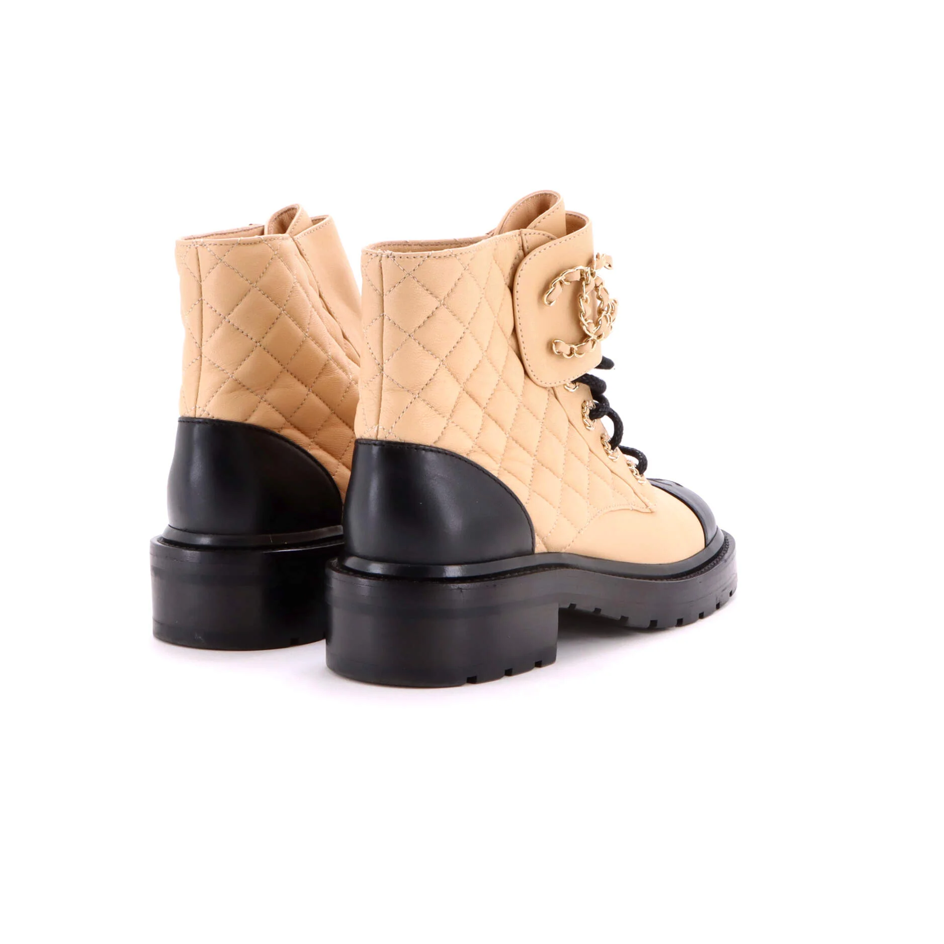 Women's Chain CC Cap Toe Lace Up Combat Boots Quilted Leather - Image 3