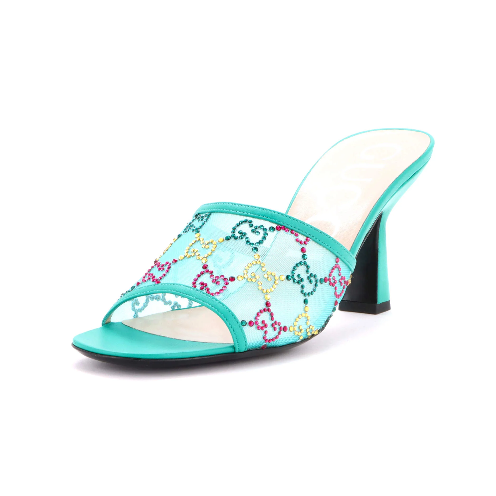 Women's Heeled Mule Sandals Crystal GG Embellished Mesh