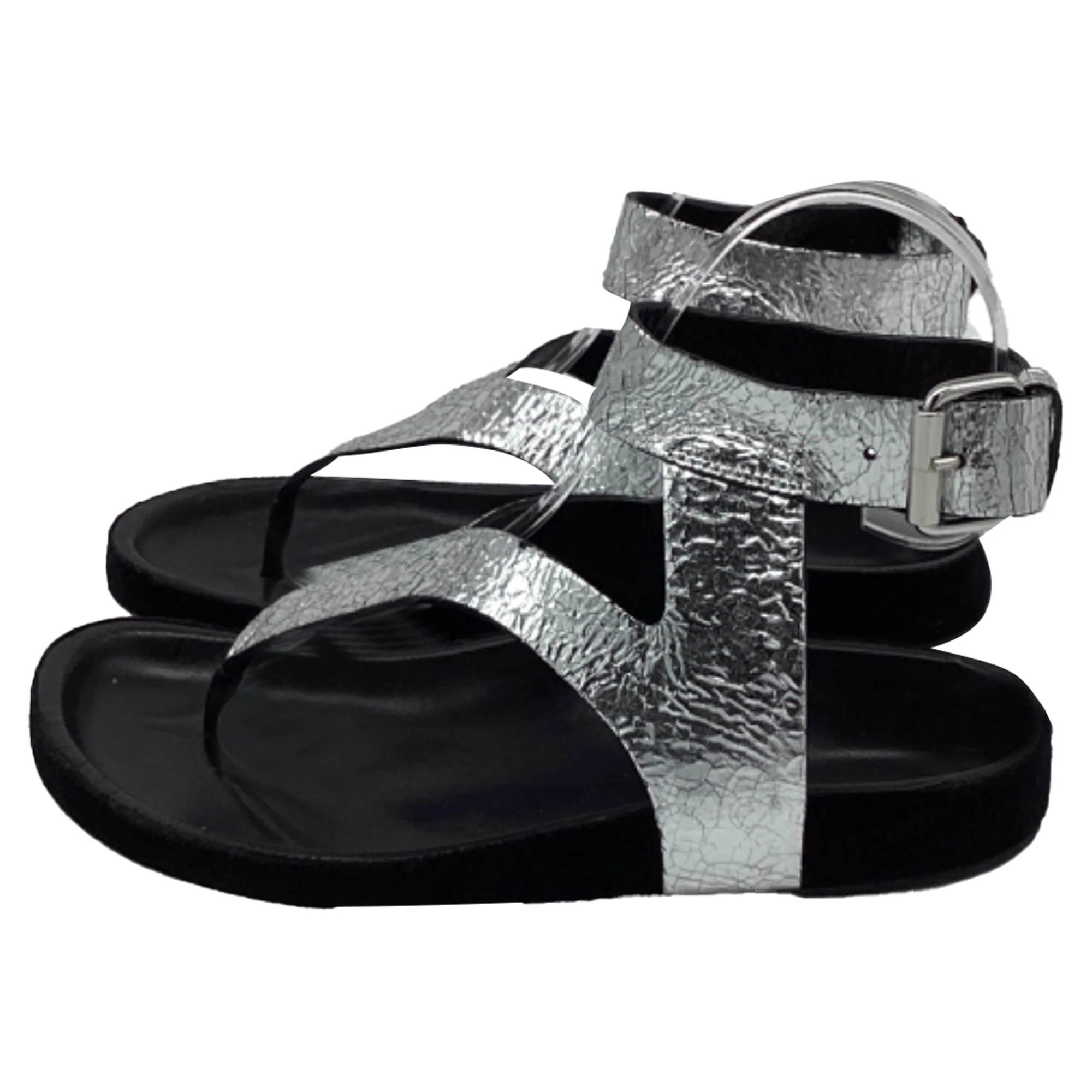 Women's Isabel Marant Ankle Strap Flat Sandals in Metallic Silver Leather - Image 5