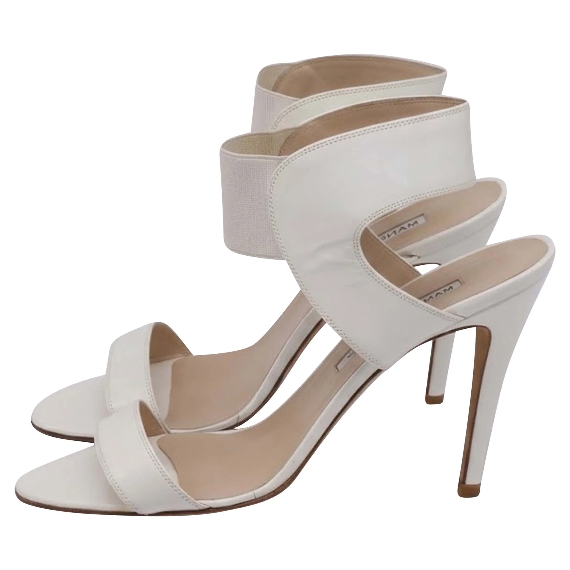 Women's Manolo Blahnik Elastic Strap Sandal Heels in White Leather - Image 4