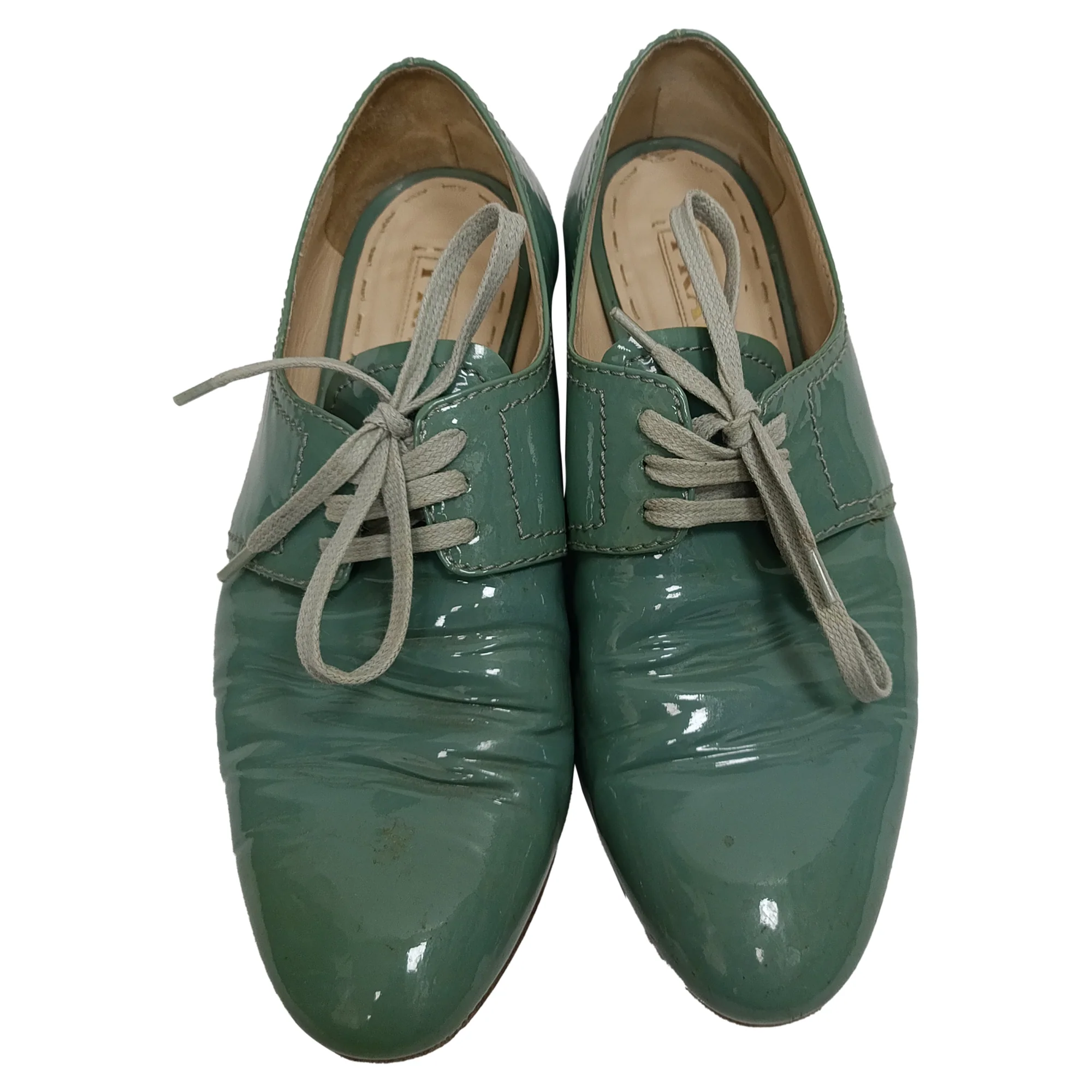 Women's Prada Lace Up Oxfords in Green Patent Leather - Image 7