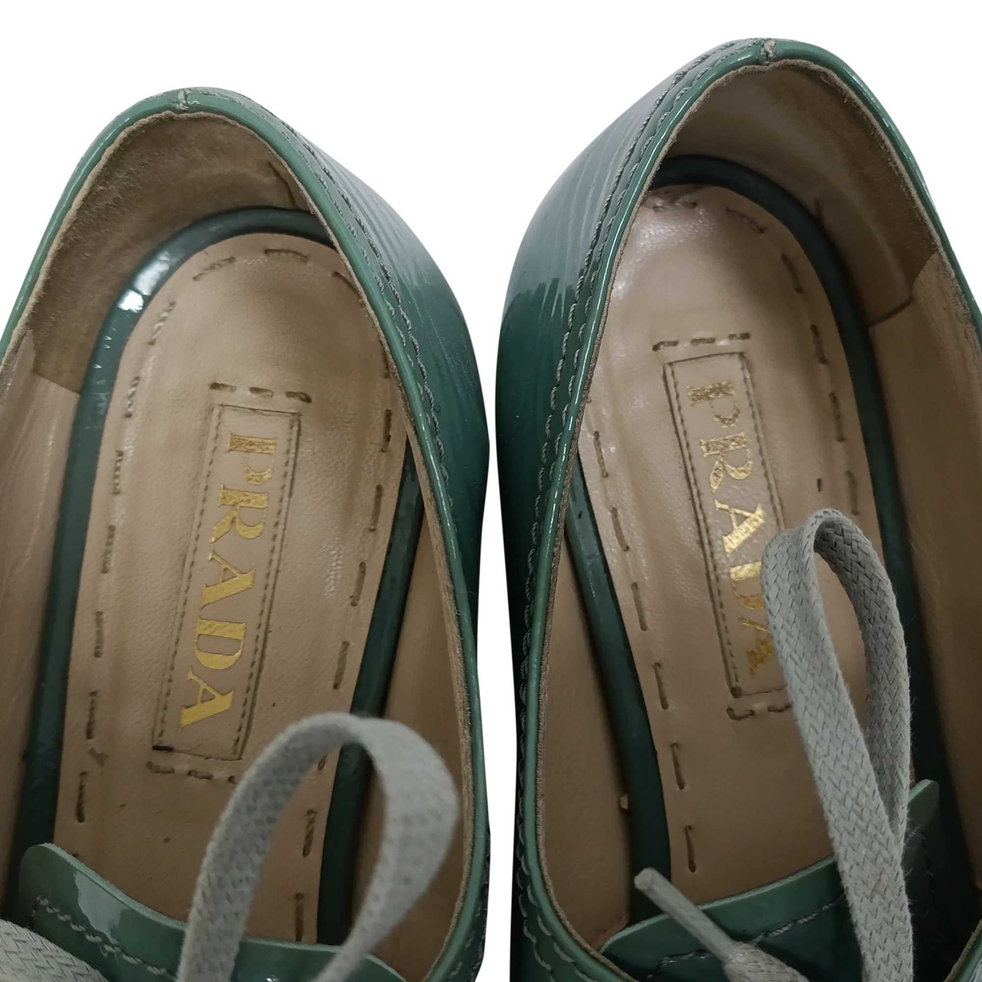 Women's Prada Lace Up Oxfords in Green Patent Leather - Image 9